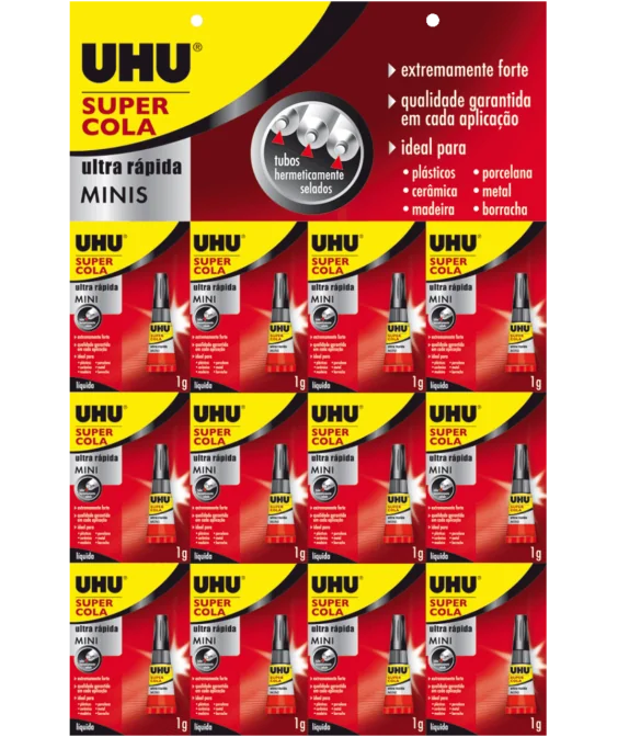 Cartaz c/12 Tubos Super Cola UHU Mini 1gr 41215 Cartaz c/12 Tubos Super Cola UHU Mini 1gr 41215